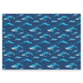 Поздравительная открытка с принтом Киты на синем в Новосибирске, 100% бумага | плотность бумаги 280 г/м2, матовая, на обратной стороне линовка и место для марки
 | whale | кит | киты | море | на синем | паттерн