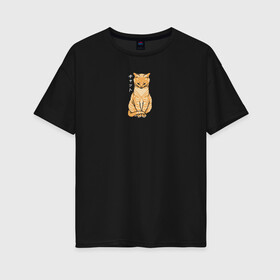 Женская футболка хлопок Oversize с принтом Serenity Cat в Новосибирске, 100% хлопок | свободный крой, круглый ворот, спущенный рукав, длина до линии бедер
 | животное | звери | иероглифы | кот | кошка | надпись на японском | питомец | спокойствие