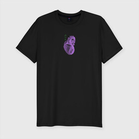Мужская футболка хлопок Slim с принтом Purple heart в Новосибирске, 92% хлопок, 8% лайкра | приталенный силуэт, круглый вырез ворота, длина до линии бедра, короткий рукав | анатомия | иероглифы | надпись на японском | орган | сердце | человек
