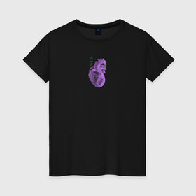 Женская футболка хлопок с принтом Purple heart в Новосибирске, 100% хлопок | прямой крой, круглый вырез горловины, длина до линии бедер, слегка спущенное плечо | анатомия | иероглифы | надпись на японском | орган | сердце | человек