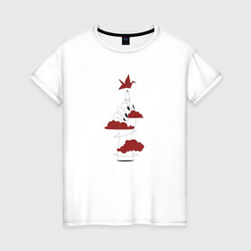 Женская футболка хлопок с принтом Рука и журавль в Новосибирске, 100% хлопок | прямой крой, круглый вырез горловины, длина до линии бедер, слегка спущенное плечо | абстракция | бумажная птица | вектор | графика | женская рука | журавль | иллюстрация | китайский журавлик | красный | маникюр | облака | оригами | птица | рука | символ | тату | тучи