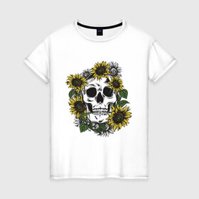 Женская футболка хлопок с принтом Мой стиль - подсолнух в Новосибирске, 100% хлопок | прямой крой, круглый вырез горловины, длина до линии бедер, слегка спущенное плечо | skull | подсолнух | романтика | цветок | череп