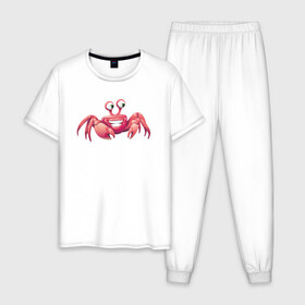 Мужская пижама хлопок с принтом Счастливый краб в Новосибирске, 100% хлопок | брюки и футболка прямого кроя, без карманов, на брюках мягкая резинка на поясе и по низу штанин
 | Тематика изображения на принте: краб | крабик | морской краб | океан