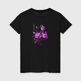 Женская футболка хлопок с принтом Purple flowers в Новосибирске, 100% хлопок | прямой крой, круглый вырез горловины, длина до линии бедер, слегка спущенное плечо | flowers | иероглифы | надпись на японском | природа | растение | роза | цветочки | цветы
