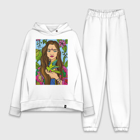 Женский костюм хлопок Oversize с принтом Girl with bird in nature в Новосибирске,  |  | bird | blue | flowers | girl | green | hippie | leaves | lemon | meditation | nature | pineapple | pink | relax | sky | summer | yellow | yoga | картина с девушкой и птичкой | тату