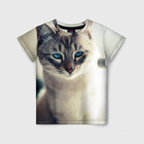 Детская футболка 3D с принтом Кот с Голубыми глазами в Новосибирске, 100% гипоаллергенный полиэфир | прямой крой, круглый вырез горловины, длина до линии бедер, чуть спущенное плечо, ткань немного тянется | глаза | голубые глаза | животные | кот | кошка