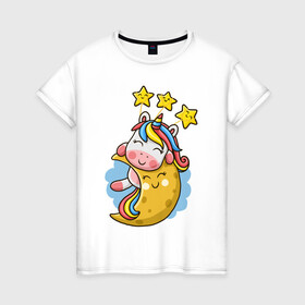 Женская футболка хлопок с принтом Единорог на луне в Новосибирске, 100% хлопок | прямой крой, круглый вырез горловины, длина до линии бедер, слегка спущенное плечо | cute | funny | moon | pony | rainbow | unicorn | единорог | единорожка | звездочки | луна | милый | пони | радуга