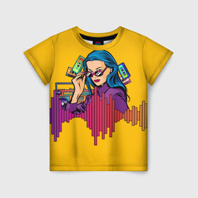 Детская футболка 3D с принтом Ретро Девушка 90-х Арт в Новосибирске, 100% гипоаллергенный полиэфир | прямой крой, круглый вырез горловины, длина до линии бедер, чуть спущенное плечо, ткань немного тянется | 80 е | 90 е | art. | disco | girl | pop | purple | retro | yellow | бумбокс | в горошек | желтый | кассета | кассеты | лето | магнитофон | музыка | принт | фиолетовый | яркий