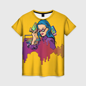 Женская футболка 3D с принтом Ретро Девушка 90-х Арт в Новосибирске, 100% полиэфир ( синтетическое хлопкоподобное полотно) | прямой крой, круглый вырез горловины, длина до линии бедер | 80 е | 90 е | art. | disco | girl | pop | purple | retro | yellow | бумбокс | в горошек | желтый | кассета | кассеты | лето | магнитофон | музыка | принт | фиолетовый | яркий