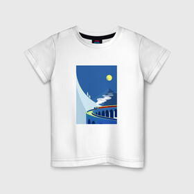 Детская футболка хлопок с принтом паровозик в Новосибирске, 100% хлопок | круглый вырез горловины, полуприлегающий силуэт, длина до линии бедер | гора | минимализм | мостик | паровозик | синее небо | снег | солнышко