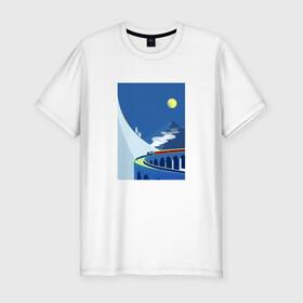 Мужская футболка хлопок Slim с принтом паровозик в Новосибирске, 92% хлопок, 8% лайкра | приталенный силуэт, круглый вырез ворота, длина до линии бедра, короткий рукав | гора | минимализм | мостик | паровозик | синее небо | снег | солнышко