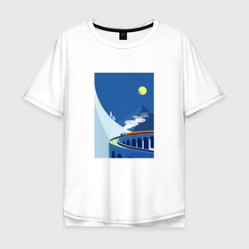 Мужская футболка хлопок Oversize с принтом паровозик в Новосибирске, 100% хлопок | свободный крой, круглый ворот, “спинка” длиннее передней части | гора | минимализм | мостик | паровозик | синее небо | снег | солнышко