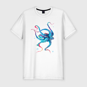 Мужская футболка хлопок Slim с принтом Осьминог акварель в Новосибирске, 92% хлопок, 8% лайкра | приталенный силуэт, круглый вырез ворота, длина до линии бедра, короткий рукав | Тематика изображения на принте: cute | octopus | акварель | милый | осьминог | осьминожка | тентакли