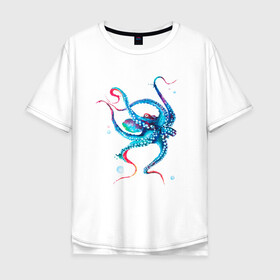 Мужская футболка хлопок Oversize с принтом Осьминог акварель в Новосибирске, 100% хлопок | свободный крой, круглый ворот, “спинка” длиннее передней части | Тематика изображения на принте: cute | octopus | акварель | милый | осьминог | осьминожка | тентакли