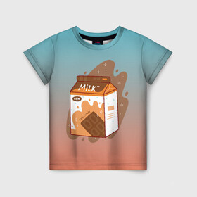 Детская футболка 3D с принтом Шоколадное молоко в коробке в Новосибирске, 100% гипоаллергенный полиэфир | прямой крой, круглый вырез горловины, длина до линии бедер, чуть спущенное плечо, ткань немного тянется | Тематика изображения на принте: еда | коробка | молоко | молочко | персик | персиковое молоко