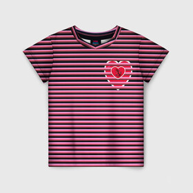 Детская футболка 3D с принтом Розовое лето в Новосибирске, 100% гипоаллергенный полиэфир | прямой крой, круглый вырез горловины, длина до линии бедер, чуть спущенное плечо, ткань немного тянется | Тематика изображения на принте: для девушек | лето | полосы | популярные иллюстрации | розовый цвет | сердечки | тельняшка | якорь