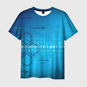 Мужская футболка 3D с принтом ДвоиЧный код в Новосибирске, 100% полиэфир | прямой крой, круглый вырез горловины, длина до линии бедер | код | коды | линии | плата | соединения | стрелки