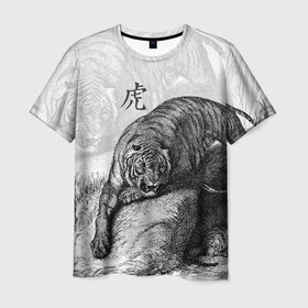 Мужская футболка 3D с принтом Тигр и змея в Новосибирске, 100% полиэфир | прямой крой, круглый вырез горловины, длина до линии бедер | Тематика изображения на принте: дикий.природа | животные | зверь | змея | иероглиф | кошка | надпись на японском | тигр