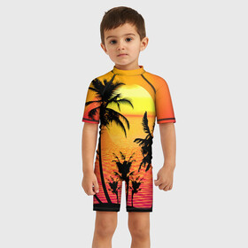 Детский купальный костюм 3D с принтом Прибрежный закат в Новосибирске, Полиэстер 85%, Спандекс 15% | застежка на молнии на спине | Тематика изображения на принте: закат | лето | море | отпуск | пляж | путешествия | солнце