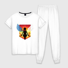 Женская пижама хлопок с принтом Mikaska в Новосибирске, 100% хлопок | брюки и футболка прямого кроя, без карманов, на брюках мягкая резинка на поясе и по низу штанин | Тематика изображения на принте: ackerman | anime | attack | dawn | girl | kawai | kyojin | manga | mikasa | no | of | on | shingeki | the | titan | titans | аккерман | аниме | арт | атака | бертольд | воин | вторжение | гигантов | девушка | колос | колосальный | леонхард | лицо | манга 