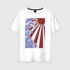 Женская футболка хлопок Oversize с принтом Волна и солнце в Канагаве в Новосибирске, 100% хлопок | свободный крой, круглый ворот, спущенный рукав, длина до линии бедер
 | japan | japanese style | ninja | samurai | shinobi | the great wave off kanagawa | большая волна в канагаве | иероглифы | канагава | киото | осака | самурай | токио | японист | япония | японский стиль | японский флаг | японское солнце