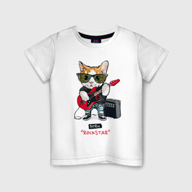 Детская футболка хлопок с принтом КРУТОЙ КОТ ГИТАРИСТ в Новосибирске, 100% хлопок | круглый вырез горловины, полуприлегающий силуэт, длина до линии бедер | and | cat | cats | cute | funny | guitar | heavy | kitten | kitty | meow | metal | music | n | pet | playing | rock | roll | star | гитара | гитарист | кот | котик | коты | кошка | кошки | крутой | музыка | рок