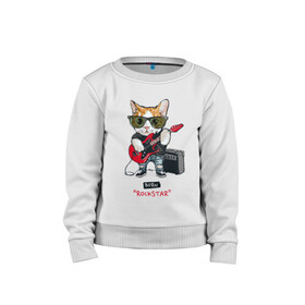 Детский свитшот хлопок с принтом КРУТОЙ КОТ ГИТАРИСТ в Новосибирске, 100% хлопок | круглый вырез горловины, эластичные манжеты, пояс и воротник | and | cat | cats | cute | funny | guitar | heavy | kitten | kitty | meow | metal | music | n | pet | playing | rock | roll | star | гитара | гитарист | кот | котик | коты | кошка | кошки | крутой | музыка | рок