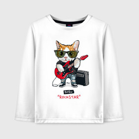 Детский лонгслив хлопок с принтом КРУТОЙ КОТ ГИТАРИСТ в Новосибирске, 100% хлопок | круглый вырез горловины, полуприлегающий силуэт, длина до линии бедер | and | cat | cats | cute | funny | guitar | heavy | kitten | kitty | meow | metal | music | n | pet | playing | rock | roll | star | гитара | гитарист | кот | котик | коты | кошка | кошки | крутой | музыка | рок