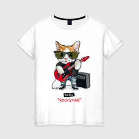Женская футболка хлопок с принтом КРУТОЙ КОТ ГИТАРИСТ в Новосибирске, 100% хлопок | прямой крой, круглый вырез горловины, длина до линии бедер, слегка спущенное плечо | and | cat | cats | cute | funny | guitar | heavy | kitten | kitty | meow | metal | music | n | pet | playing | rock | roll | star | гитара | гитарист | кот | котик | коты | кошка | кошки | крутой | музыка | рок
