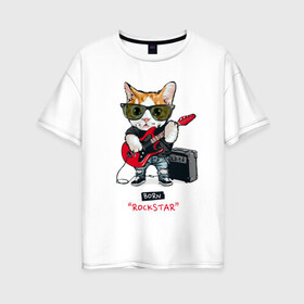 Женская футболка хлопок Oversize с принтом КРУТОЙ КОТ ГИТАРИСТ в Новосибирске, 100% хлопок | свободный крой, круглый ворот, спущенный рукав, длина до линии бедер
 | and | cat | cats | cute | funny | guitar | heavy | kitten | kitty | meow | metal | music | n | pet | playing | rock | roll | star | гитара | гитарист | кот | котик | коты | кошка | кошки | крутой | музыка | рок