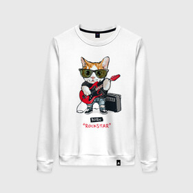 Женский свитшот хлопок с принтом КРУТОЙ КОТ ГИТАРИСТ в Новосибирске, 100% хлопок | прямой крой, круглый вырез, на манжетах и по низу широкая трикотажная резинка  | and | cat | cats | cute | funny | guitar | heavy | kitten | kitty | meow | metal | music | n | pet | playing | rock | roll | star | гитара | гитарист | кот | котик | коты | кошка | кошки | крутой | музыка | рок