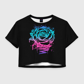 Женская футболка Crop-top 3D с принтом Неоновая Роза Neon Rose в Новосибирске, 100% полиэстер | круглая горловина, длина футболки до линии талии, рукава с отворотами | flower | flowers | green | nature | neon | pattern | red | rose | roses | spring | summer | весна | зеленый | краски | красная | лето | листва | листья | неон | неоновая | паттерн | природа | роза | розы | узор | фауна | флора | цветок | цветы