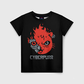 Детская футболка 3D с принтом СYBERPURR в Новосибирске, 100% гипоаллергенный полиэфир | прямой крой, круглый вырез горловины, длина до линии бедер, чуть спущенное плечо, ткань немного тянется | Тематика изображения на принте: 2077 | animal | cat | cyber | cyberpunk | fire | flame | future | neon | purr | technology | будущее | демон | животное | кибер | кот | кошка | микросхема | мур | мурлыкать | нейроны | неон | огонь | очки | свечение | технологии | шлем