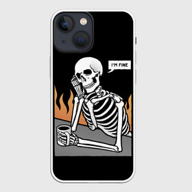 Чехол для iPhone 13 mini с принтом Я В Порядке в Новосибирске,  |  | bones | fine | fire | flame | im | skeleton | skull | апатия | в | депрессия | кости | кружка | настроение | огонь | пламя | пожар | порядке | прострация | скелет | череп | эмоции | я