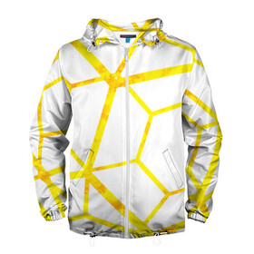 Мужская ветровка 3D с принтом Hexagon в Новосибирске, 100% полиэстер | подол и капюшон оформлены резинкой с фиксаторами, два кармана без застежек по бокам, один потайной карман на груди | hexagon | high tech | lines | sun | yellow | линии | многоугольник | насыщенный желтый | паутина | солнце | хай тек | шестиугольник | яркий