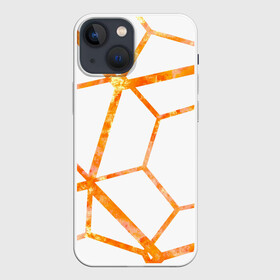 Чехол для iPhone 13 mini с принтом Hexagon в Новосибирске,  |  | hexagon | high tech | lines | orange | линии | многоугольник | огонь | оранжевый | паутина | пламя | хай тек | шестиугольник | яркий