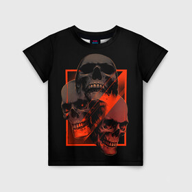 Детская футболка 3D с принтом Skulls | Черепа в Новосибирске, 100% гипоаллергенный полиэфир | прямой крой, круглый вырез горловины, длина до линии бедер, чуть спущенное плечо, ткань немного тянется | bones | dark | darkness | dead | death | head | human | red | skull | skulls | голова | кости | красный | мертвец | мертвый | темнота | темный | тьма | человек | череп | черепа