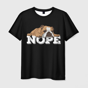 Мужская футболка 3D с принтом Ленивый Бульдог в Новосибирске, 100% полиэфир | прямой крой, круглый вырез горловины, длина до линии бедер | Тематика изображения на принте: animals | bulldog | dog | english | lazy | meme | memes | nope | английский | бульдог | дог | животные | ленивый | мем | нет | пес | собака