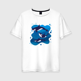 Женская футболка хлопок Oversize с принтом Косатки в Новосибирске, 100% хлопок | свободный крой, круглый ворот, спущенный рукав, длина до линии бедер
 | whale | кит | киты | косатка | косатки | море