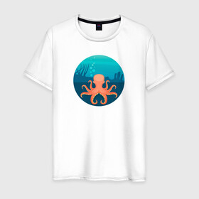 Мужская футболка хлопок с принтом Осьминог в Новосибирске, 100% хлопок | прямой крой, круглый вырез горловины, длина до линии бедер, слегка спущенное плечо. | Тематика изображения на принте: cute | octopus | милый | море | осьминог | осьминожка | тентакли