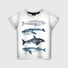 Детская футболка 3D с принтом киты в Новосибирске, 100% гипоаллергенный полиэфир | прямой крой, круглый вырез горловины, длина до линии бедер, чуть спущенное плечо, ткань немного тянется | Тематика изображения на принте: ocean | orca | sea | sea animal | whale | белуха | дельфин | касатка | кит | море | океан | рисунок кита | синий кит