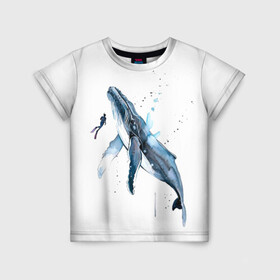 Детская футболка 3D с принтом кит в Новосибирске, 100% гипоаллергенный полиэфир | прямой крой, круглый вырез горловины, длина до линии бедер, чуть спущенное плечо, ткань немного тянется | ocean | sea | sea animal | whale | акварель | кит | море | океан | рисунок кита