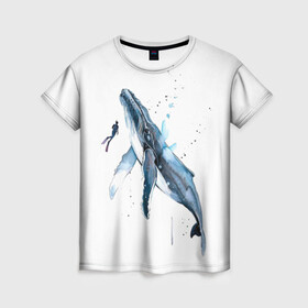 Женская футболка 3D с принтом кит в Новосибирске, 100% полиэфир ( синтетическое хлопкоподобное полотно) | прямой крой, круглый вырез горловины, длина до линии бедер | ocean | sea | sea animal | whale | акварель | кит | море | океан | рисунок кита