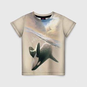 Детская футболка 3D с принтом косатка в Новосибирске, 100% гипоаллергенный полиэфир | прямой крой, круглый вырез горловины, длина до линии бедер, чуть спущенное плечо, ткань немного тянется | Тематика изображения на принте: ocean | orca | sea | sea animal | whale | дельфин | касатка | кит | море | океан | рисунок кита