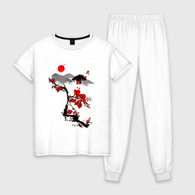 Женская пижама хлопок с принтом Рисунок Сакура в Новосибирске, 100% хлопок | брюки и футболка прямого кроя, без карманов, на брюках мягкая резинка на поясе и по низу штанин | горы | красный | пейзаж | рисунок | цветы | япония | японский стиль