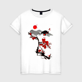 Женская футболка хлопок с принтом Рисунок Сакура в Новосибирске, 100% хлопок | прямой крой, круглый вырез горловины, длина до линии бедер, слегка спущенное плечо | горы | красный | пейзаж | рисунок | цветы | япония | японский стиль