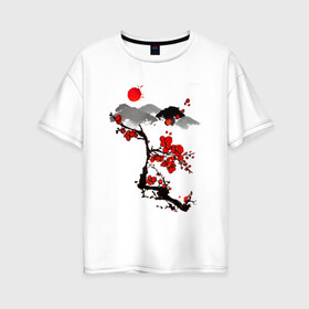 Женская футболка хлопок Oversize с принтом Рисунок Сакура в Новосибирске, 100% хлопок | свободный крой, круглый ворот, спущенный рукав, длина до линии бедер
 | горы | красный | пейзаж | рисунок | цветы | япония | японский стиль