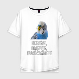 Мужская футболка хлопок Oversize с принтом Подходи познакомимся в Новосибирске, 100% хлопок | свободный крой, круглый ворот, “спинка” длиннее передней части | Тематика изображения на принте: bird | birds | parrot | parrots | pet | pets | ара | волнистые попугаи | волнистый попугай | домашние животные | животные | знакомства | мем | мемы | пикап | пикапы | питомец | питомцы | попугаи | попугай | прикол