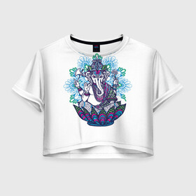 Женская футболка Crop-top 3D с принтом Будда слон в Новосибирске, 100% полиэстер | круглая горловина, длина футболки до линии талии, рукава с отворотами | будда | будды | буды | медитация | мир | радужные | руки | слон | слон будды | слоны | спокойствие | топор | туристам | хипи | хобот | хоппи | цветы