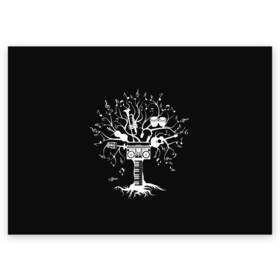 Поздравительная открытка с принтом Музыкальное Дерево в Новосибирске, 100% бумага | плотность бумаги 280 г/м2, матовая, на обратной стороне линовка и место для марки
 | Тематика изображения на принте: boombox | branches | clef | drum | drums | guitar | keys | music | roots | sheet | synthesizer | treble | tree | turntable | барабаны | белое | бумбокс | ветви | ветки | гитара | дерево | клавиши | ключ | корни | музыка | ноты | проигрыватель | синтезатор